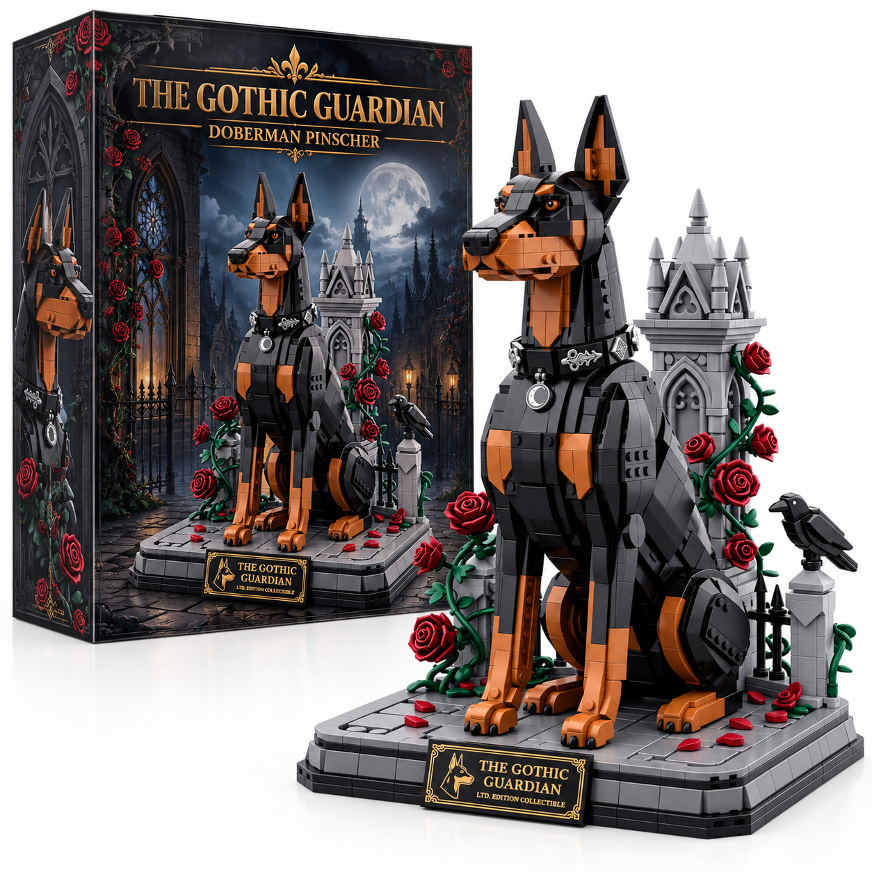 Gothic Guardian Doberman: Red Roses & Cathedral Spire Display Model