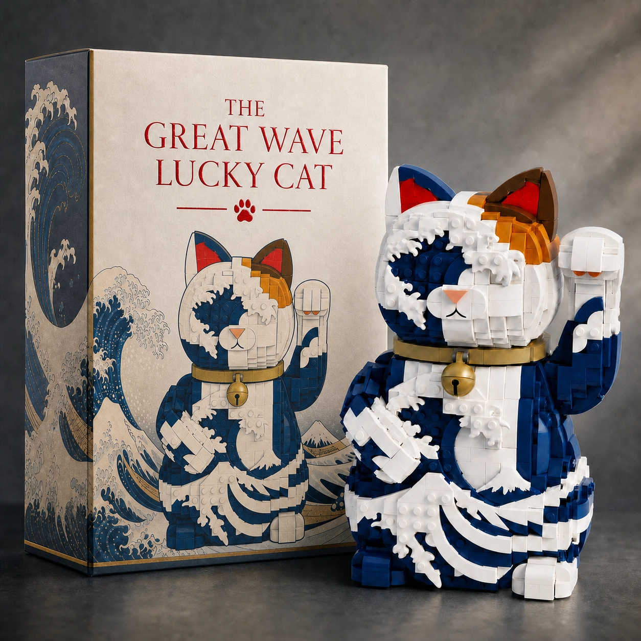 Ukiyo-e Wave Lucky Cat Brick Set: Art & Fortune Collector's Edition