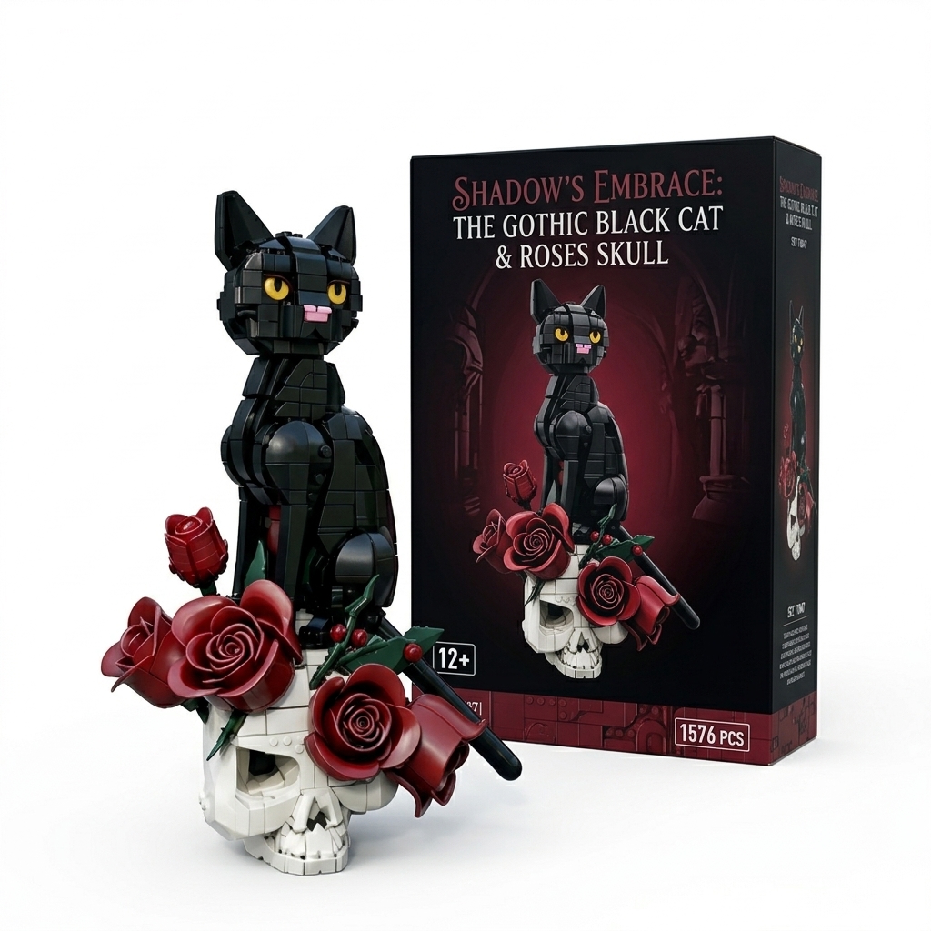 Shadow’s Embrace: The Gothic Black Cat & Roses Skull