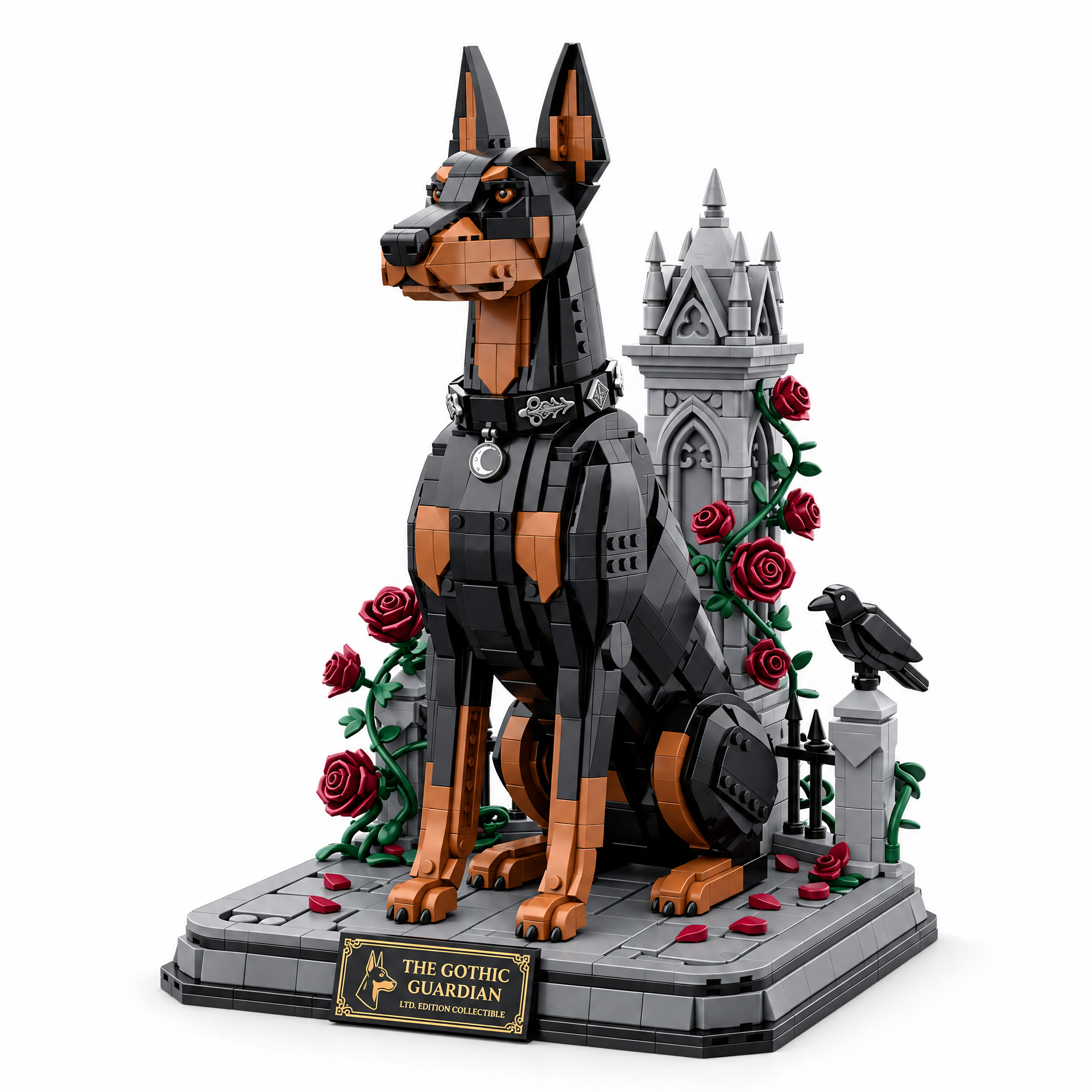 Gothic Guardian Doberman: Red Roses & Cathedral Spire Display Model