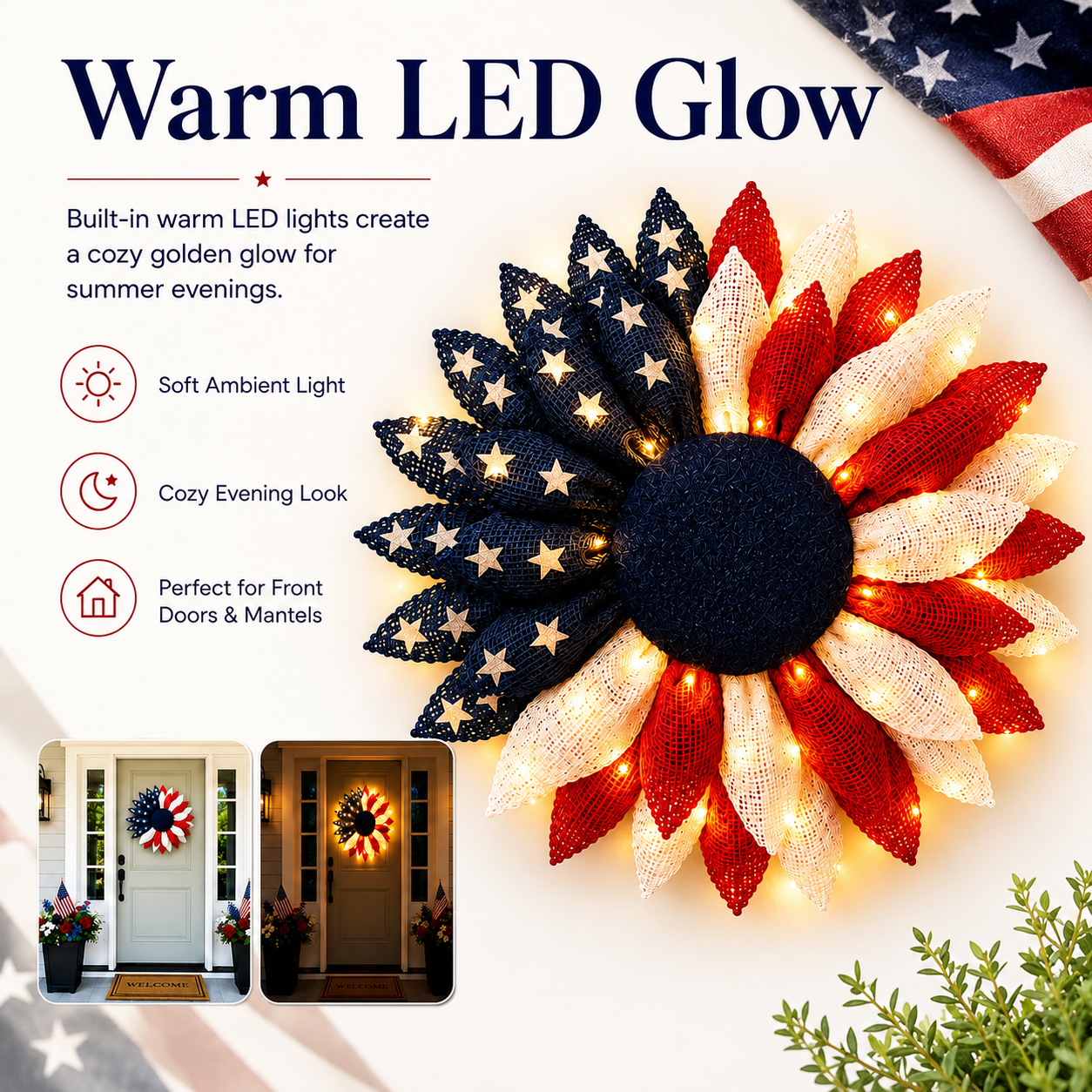 ✨Lighted Patriotic Sunflower Wreath with Remote❤️