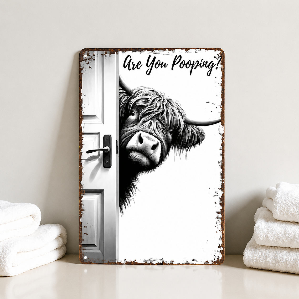 🤷‍♀️Vintage Highland Cow Metal Sign – Funny "Are You Pooping?" Wall Decor🤦‍