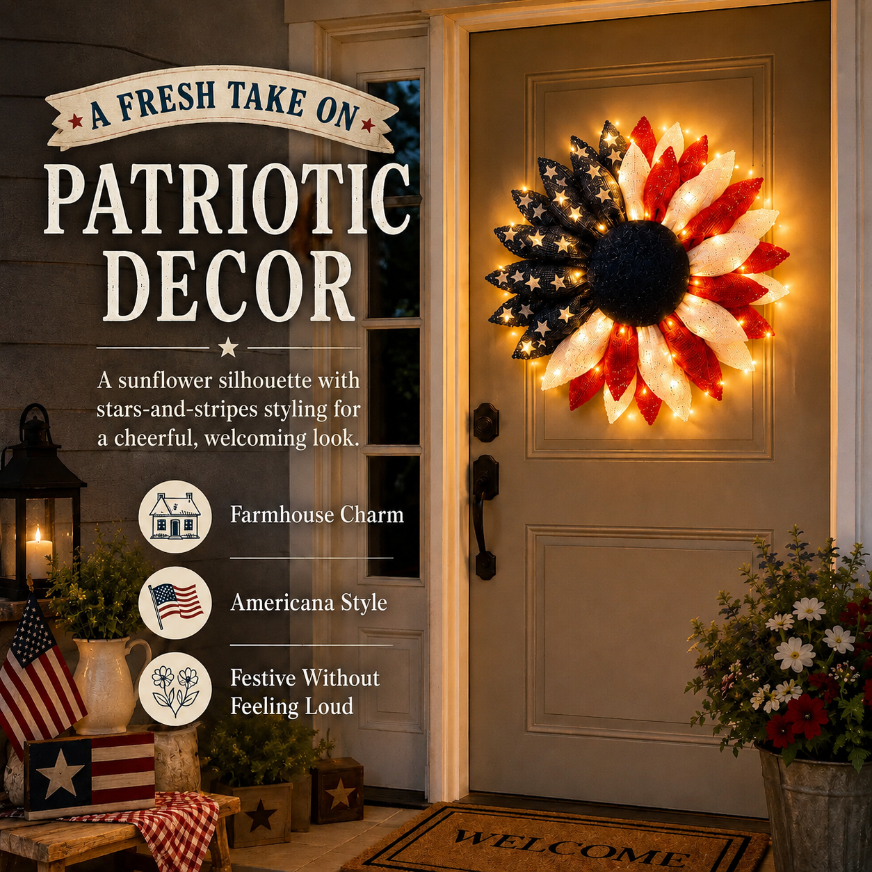 ✨Lighted Patriotic Sunflower Wreath with Remote❤️
