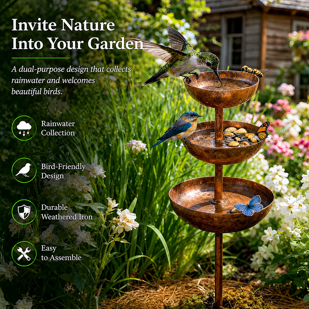 🌧️ Rain Catcher - Plant Support🐦 Metal Garden Ornament