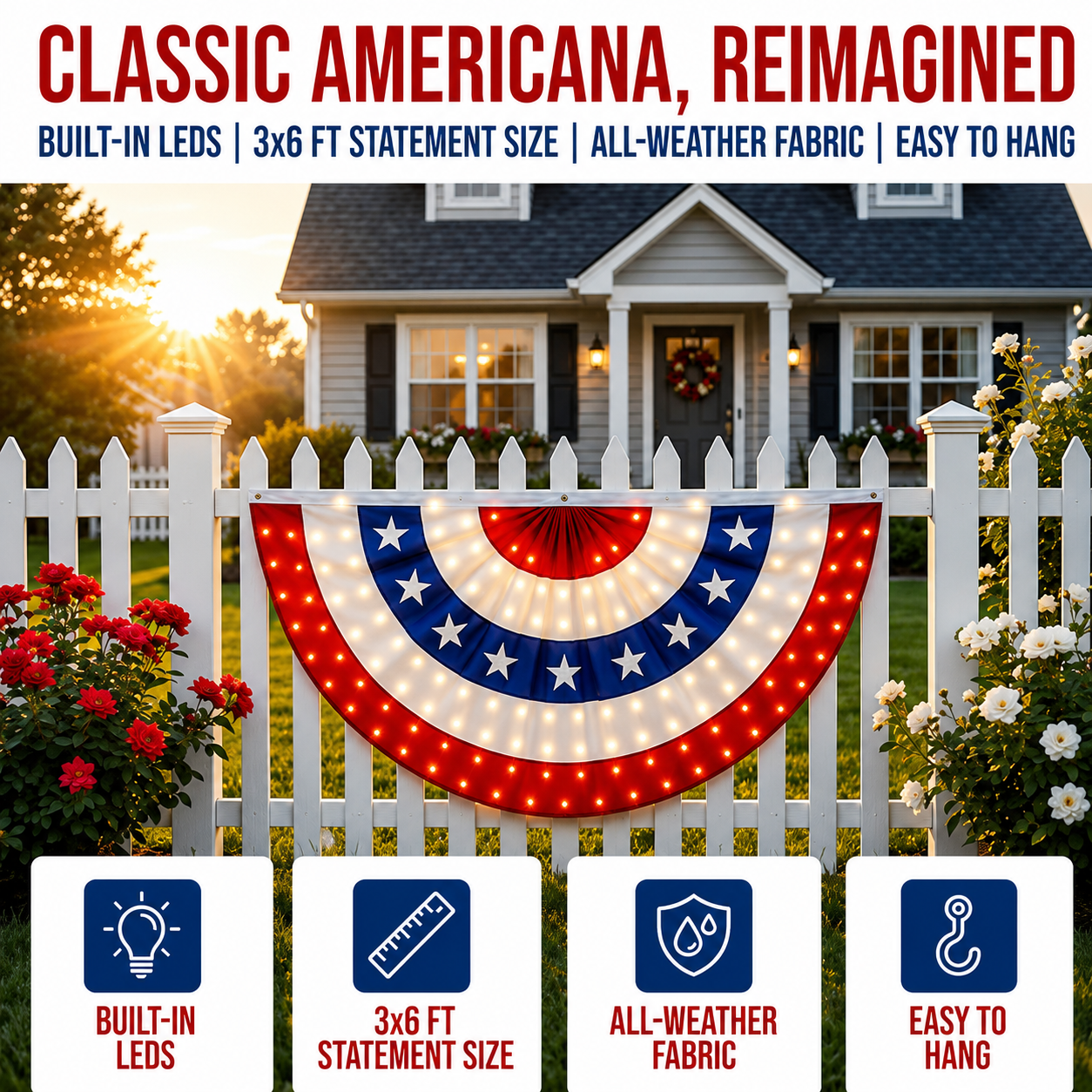 3 x 6 Ft LED Patriotic Bunting Banner--✨ A Brilliant Patriotic Display for Every American Home