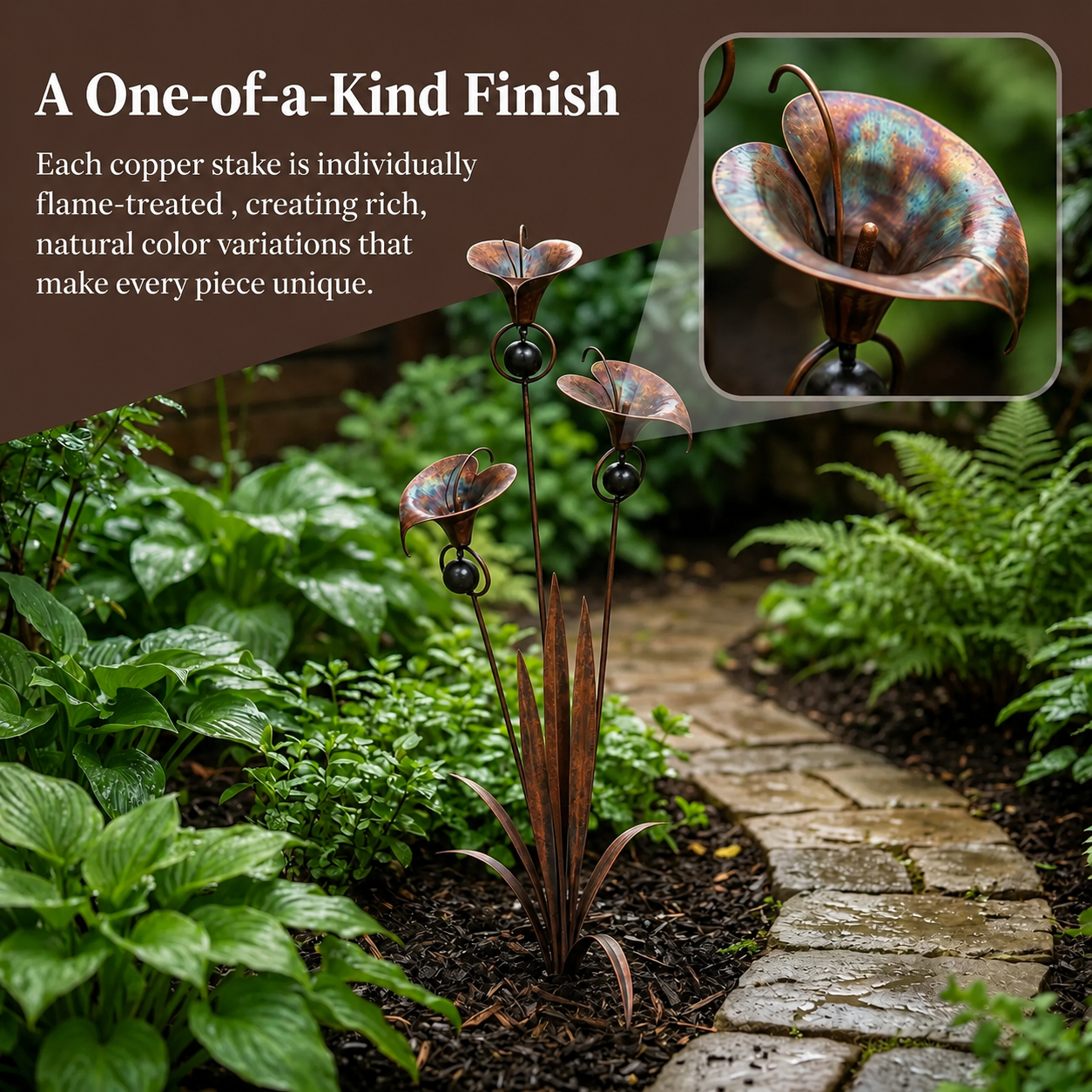 Flamed Copper Calla Lily Garden Stake with Bells – Elegant Outdoor Yard Decor 🌿🔔