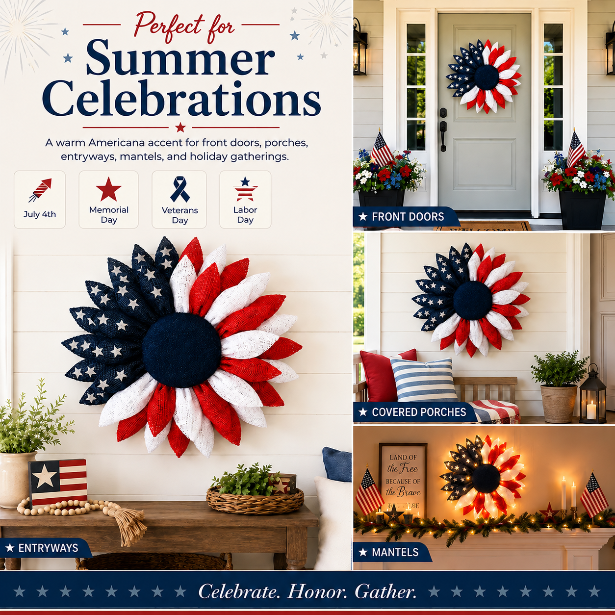 ✨Lighted Patriotic Sunflower Wreath with Remote❤️