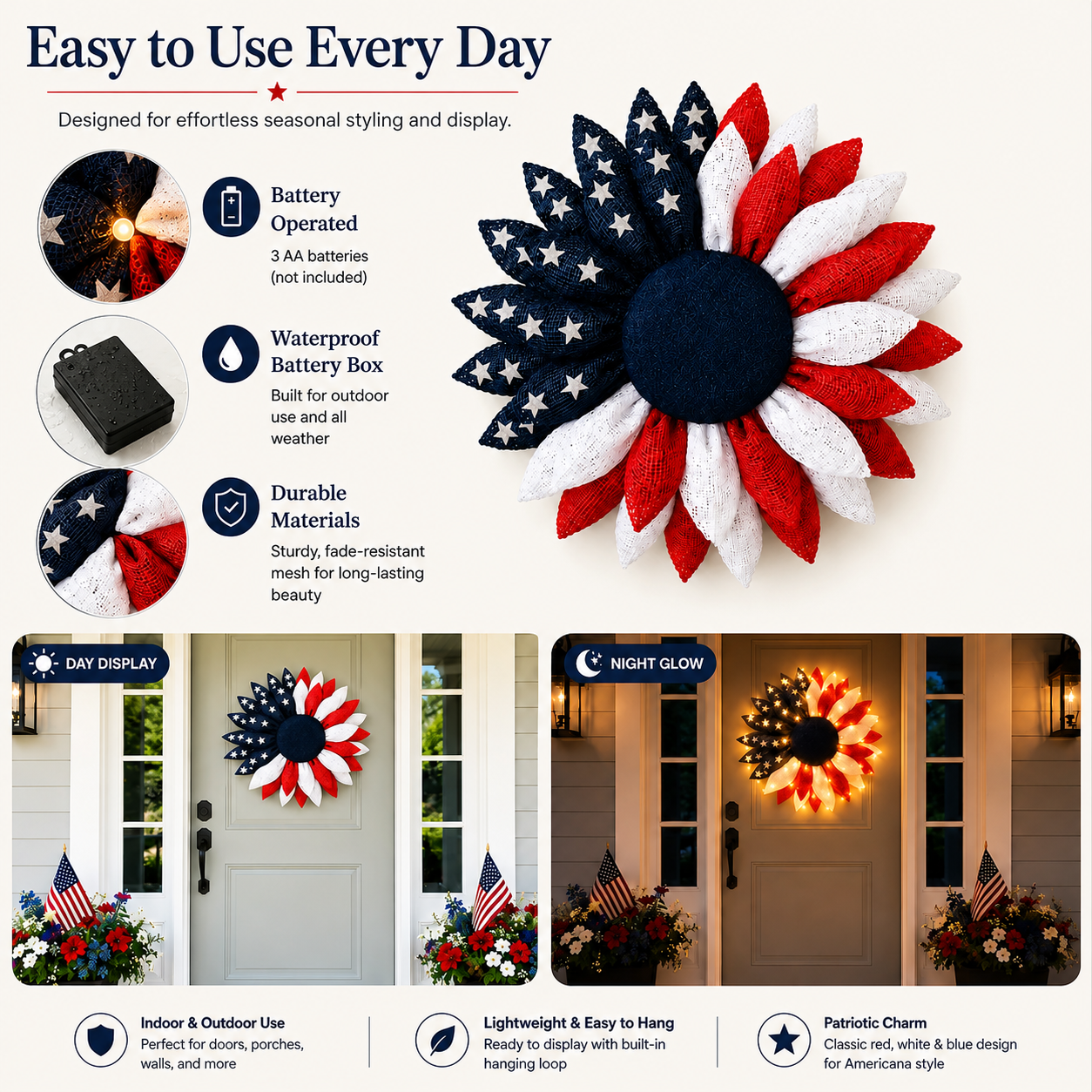 ✨Lighted Patriotic Sunflower Wreath with Remote❤️