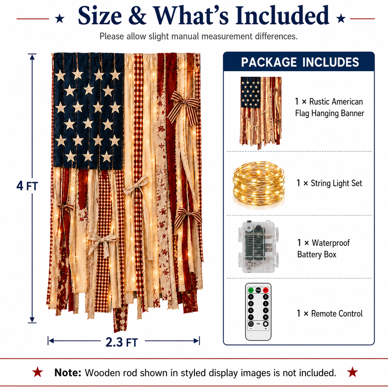 4 x 2.3 FT ✨Lighted Rustic American Flag Hanging Banner🎉