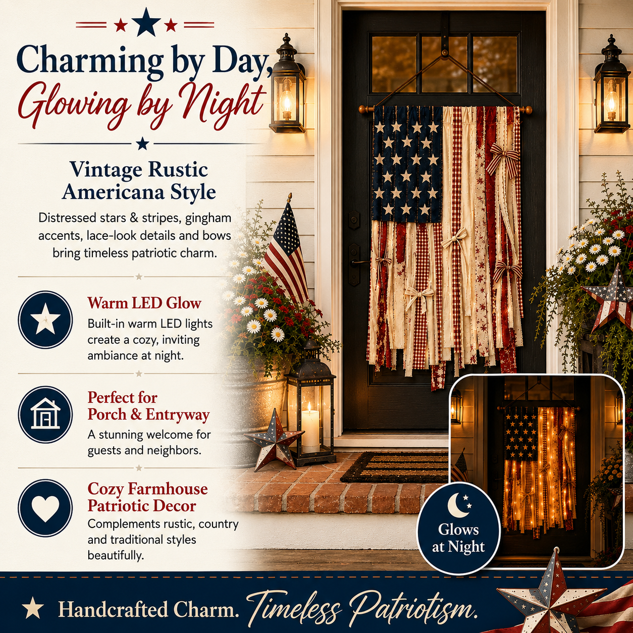 4 x 2.3 FT ✨Lighted Rustic American Flag Hanging Banner🎉