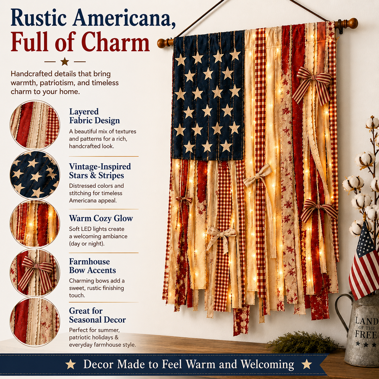 4 x 2.3 FT ✨Lighted Rustic American Flag Hanging Banner🎉