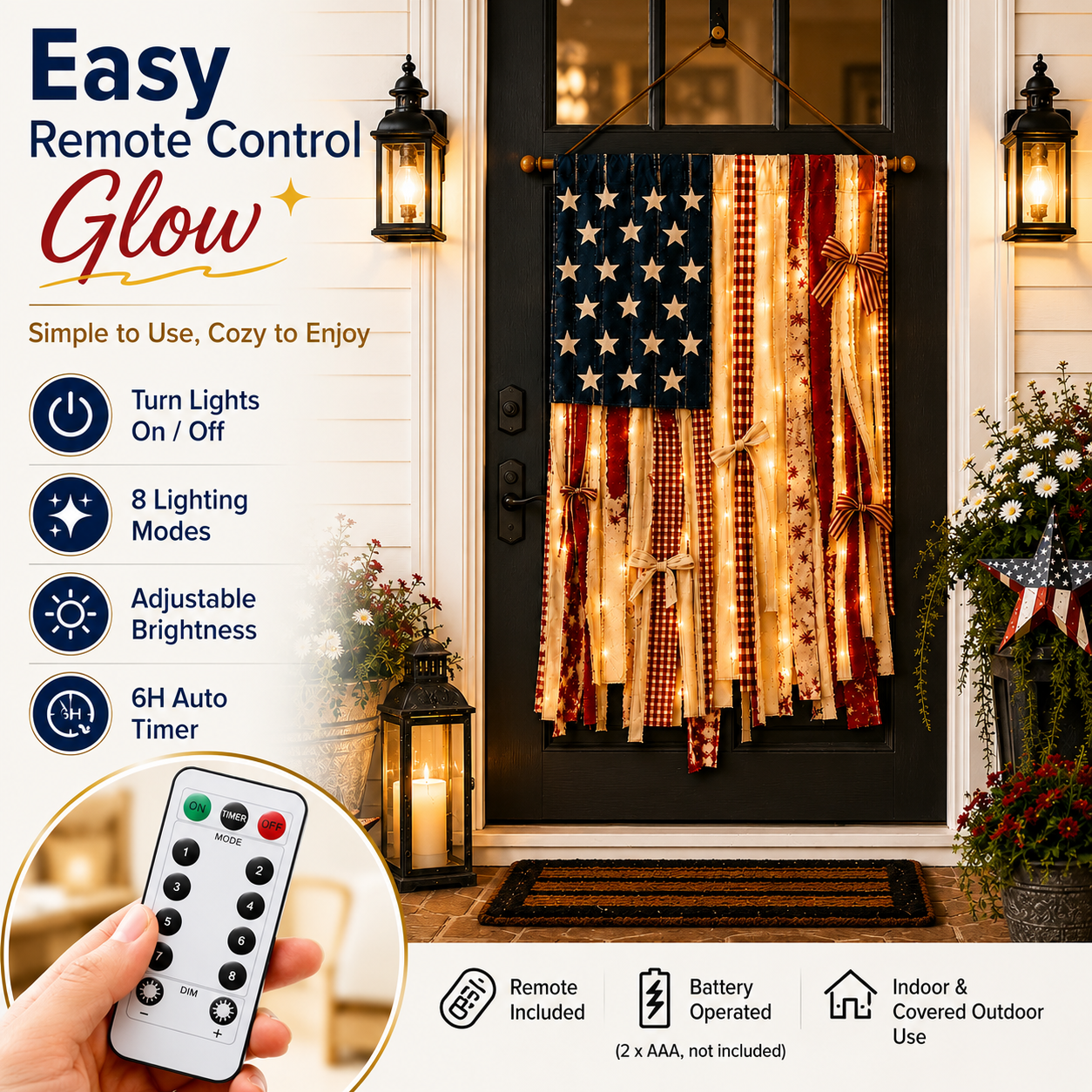 4 x 2.3 FT ✨Lighted Rustic American Flag Hanging Banner🎉
