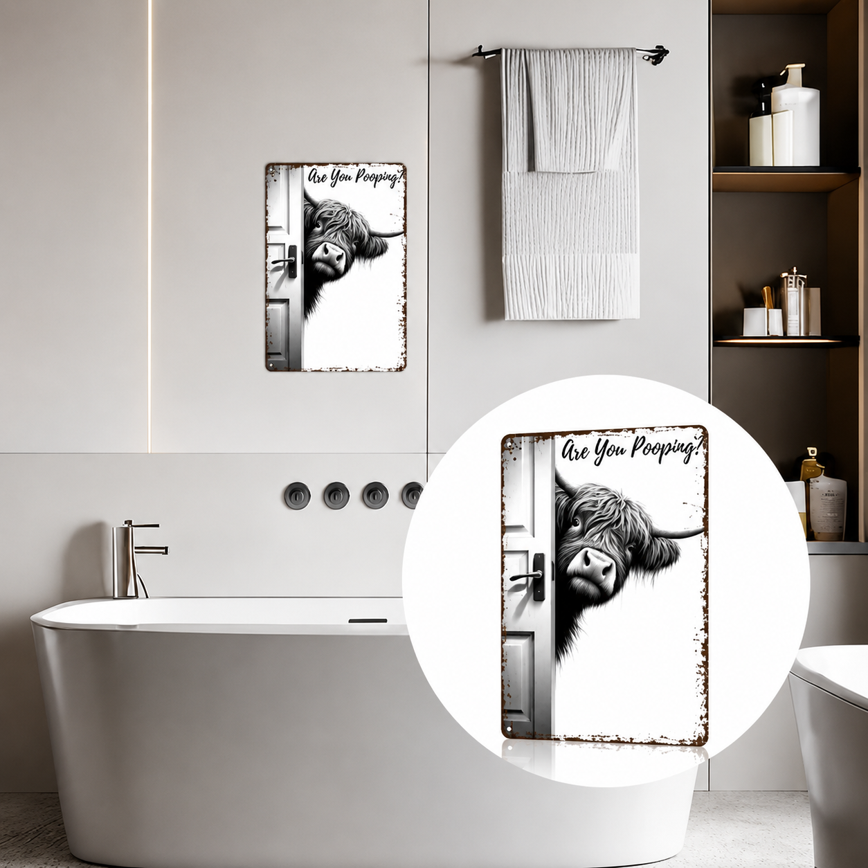 🤷‍♀️Vintage Highland Cow Metal Sign – Funny "Are You Pooping?" Wall Decor🤦‍