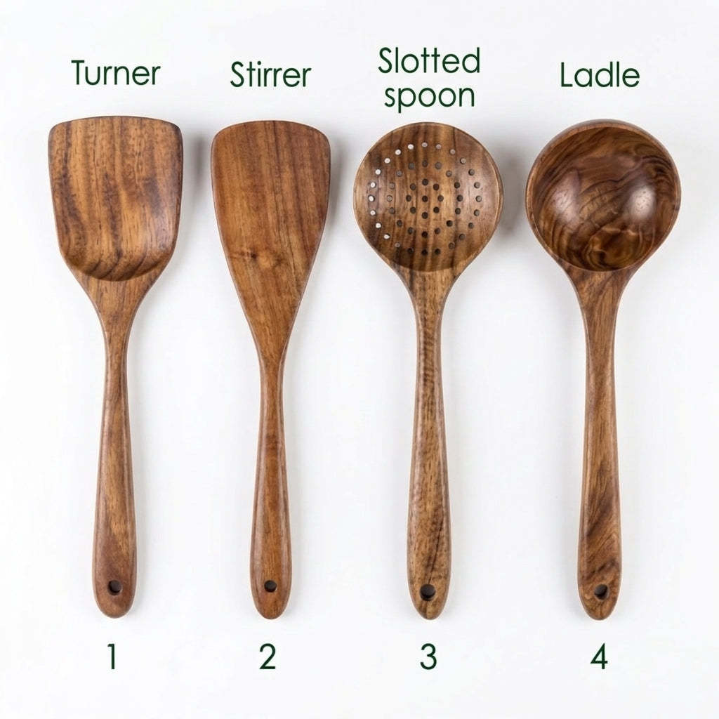 100% Solid Small-Leaf Acacia Wood Utensil Set — No Coatings, Gentle on Cookware