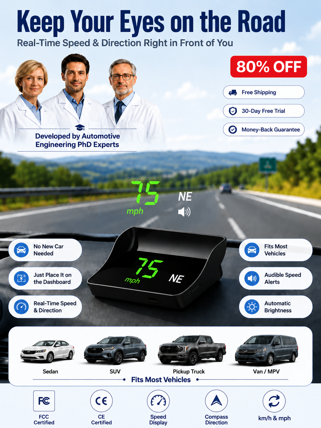 【Smart In-Car HUD Co-Pilot】Works on Sedans, SUVs, Pickups, RVs, and More! 30-Day Risk-Free Trial