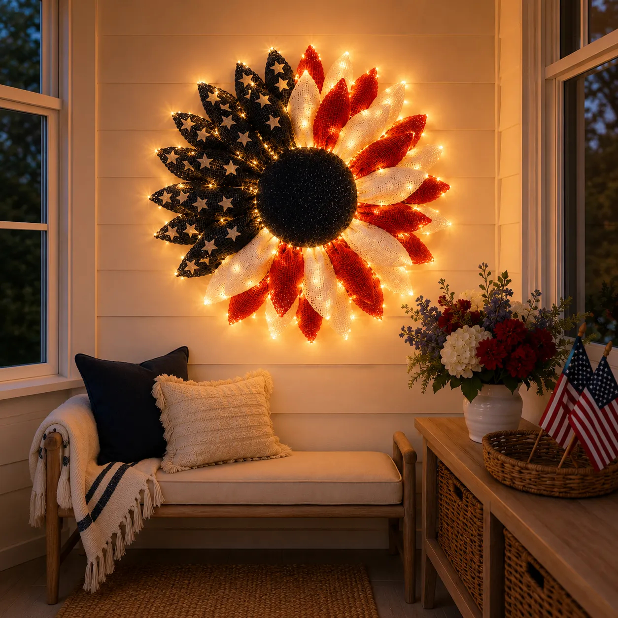 ✨Lighted Patriotic Sunflower Wreath with Remote❤️