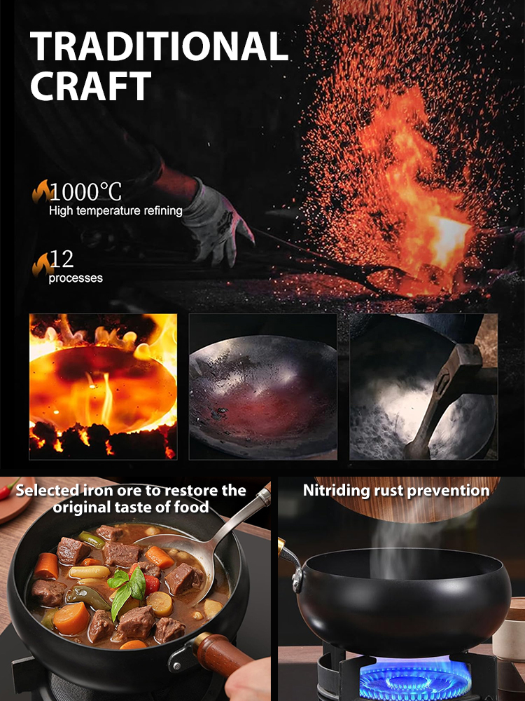 [100th Anniversary Flash Sale]Tsubame-Sanjo Masterpiece: Hand-Hammered Japanese Wok - 100% Toxin-Free & Natural Non-Stick 🇯🇵🍳80% OFF Artisan Iron Wok + FREE Rosewood Spatula & Lid 🎁📉