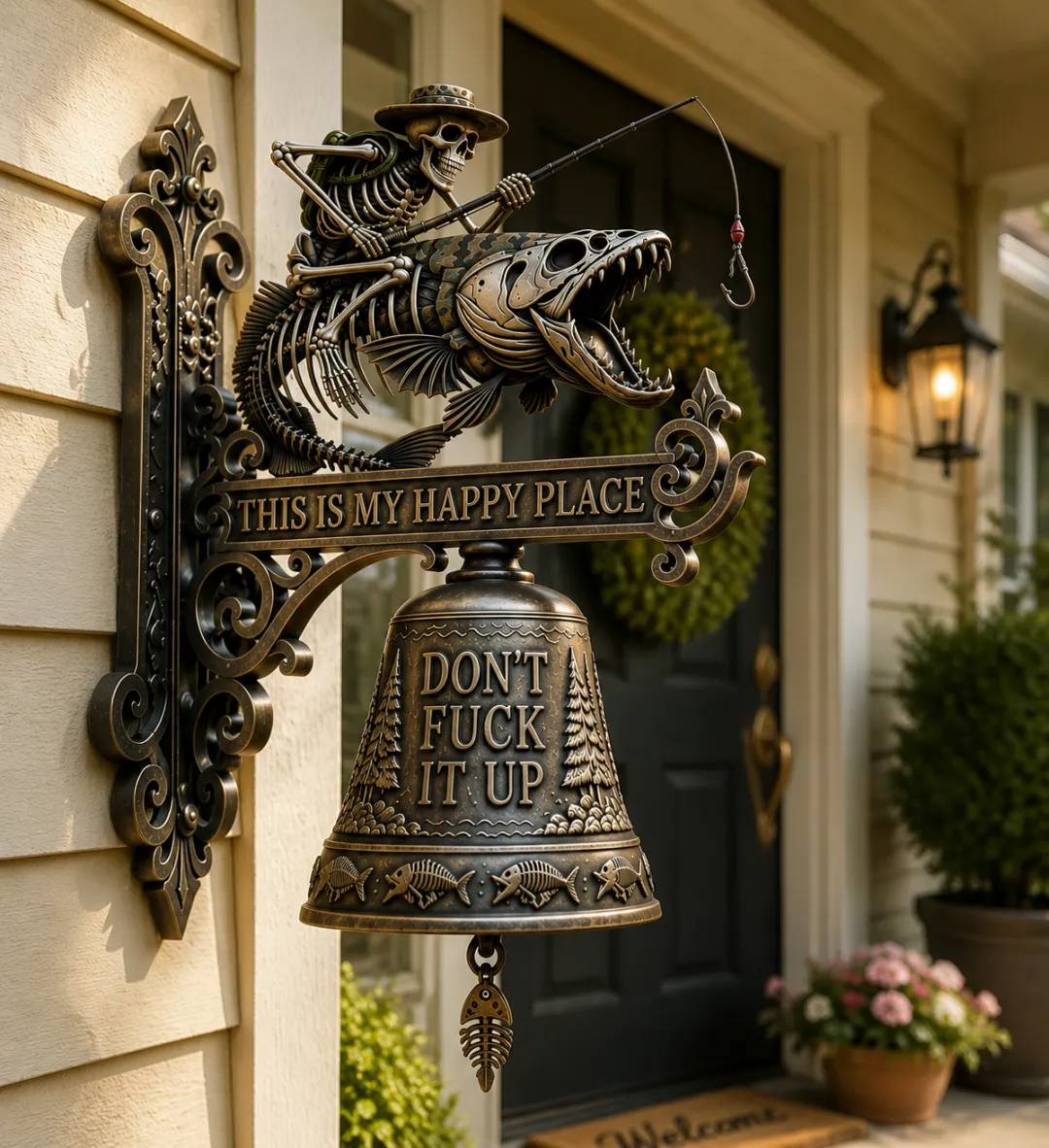 Metal Skeleton Fisherman Wall Bell – “This Is My Happy Place”