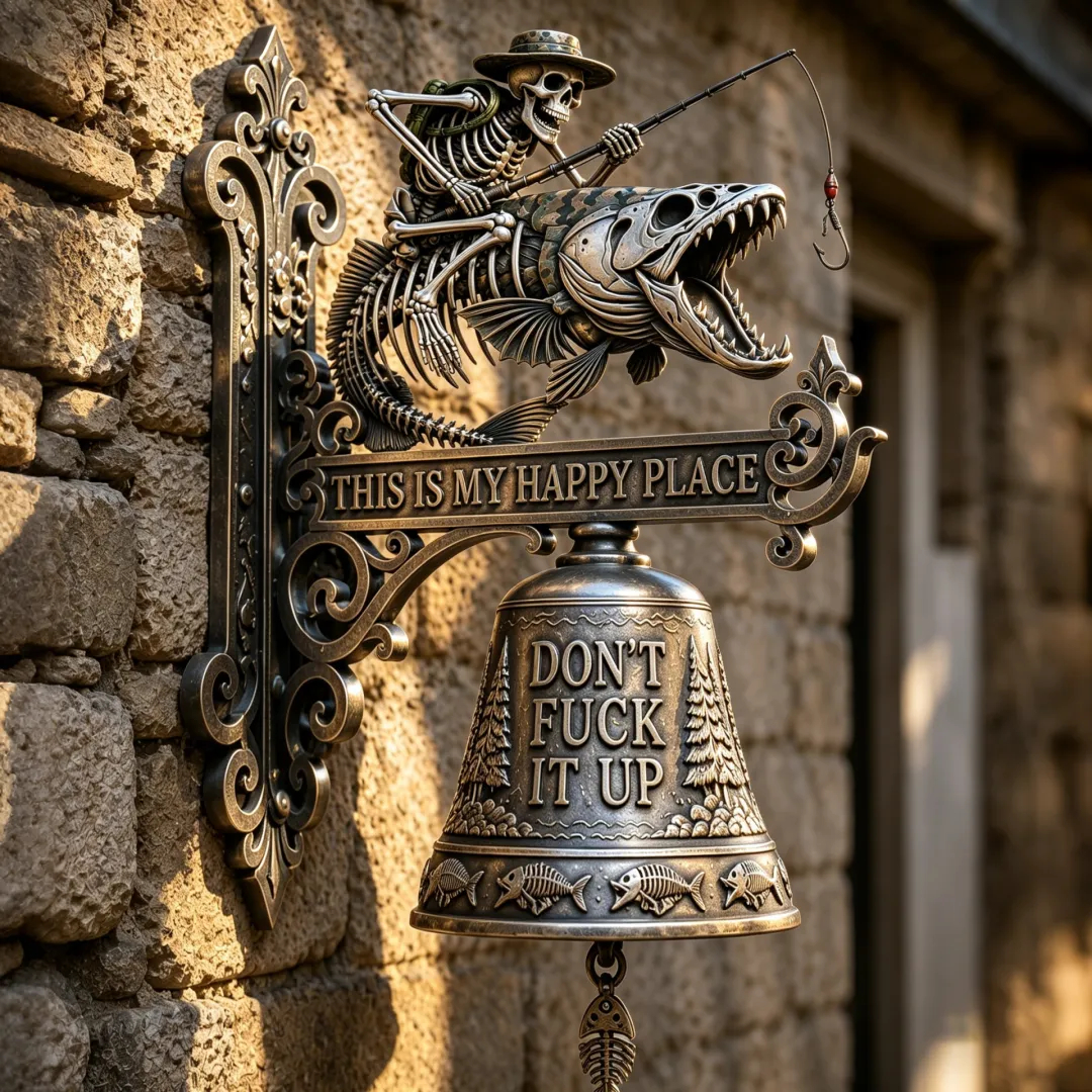 Metal Skeleton Fisherman Wall Bell – “This Is My Happy Place”
