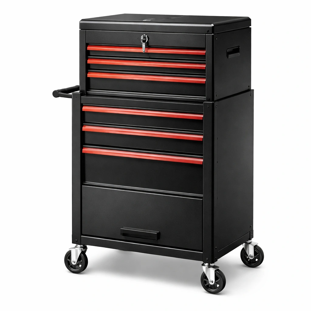 Carro de herramientas de metal negro rojo con cajones y ruedas-LIVCORA