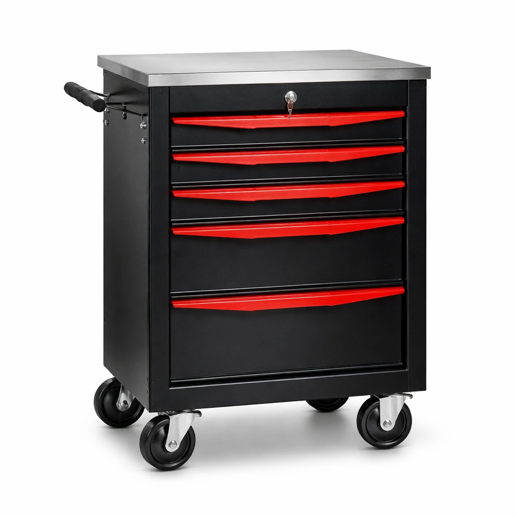 Carro de herramientas de metal con 5 cajones negro rojo-LIVCORA