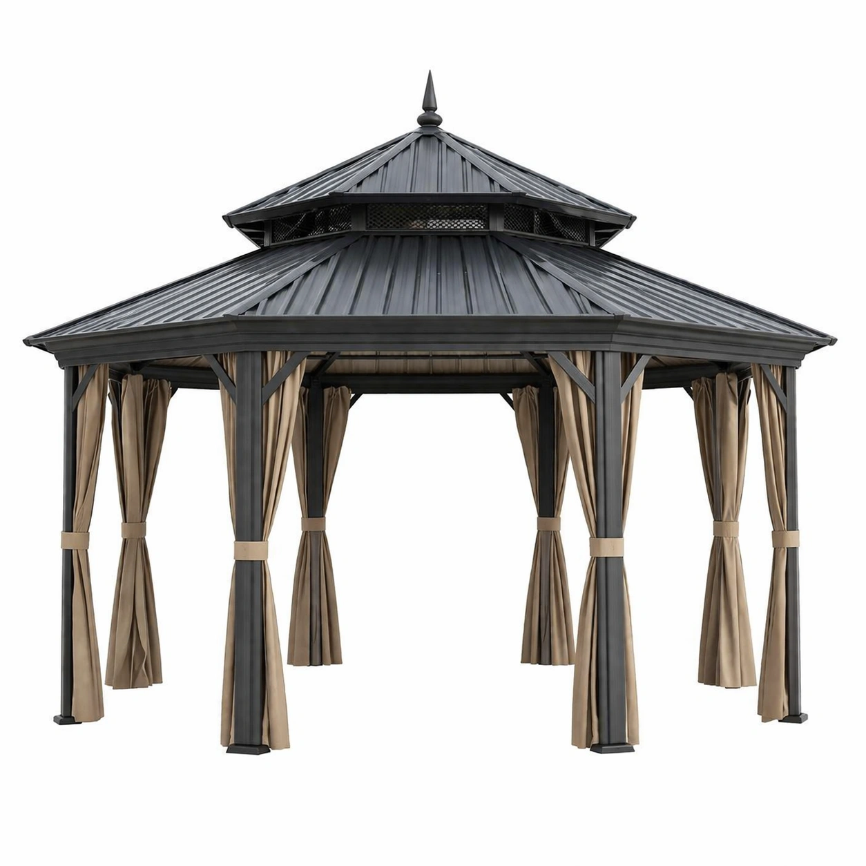Gazebo de jardín de aluminio y techo de metal con cortinas de poliéster-LIVCORA