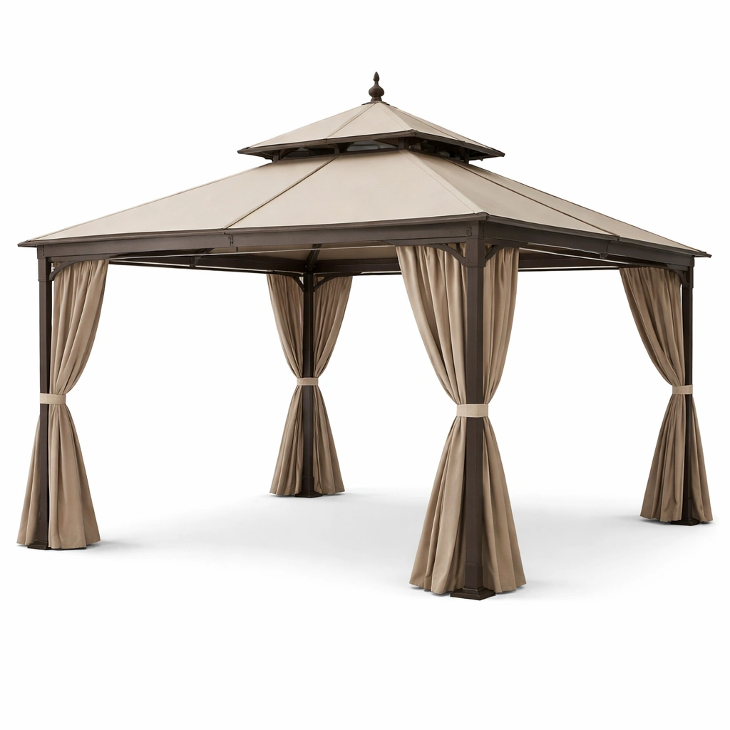 Gazebo de jardín de aluminio con cortinas de tejido de poliéster beige-LIVCORA