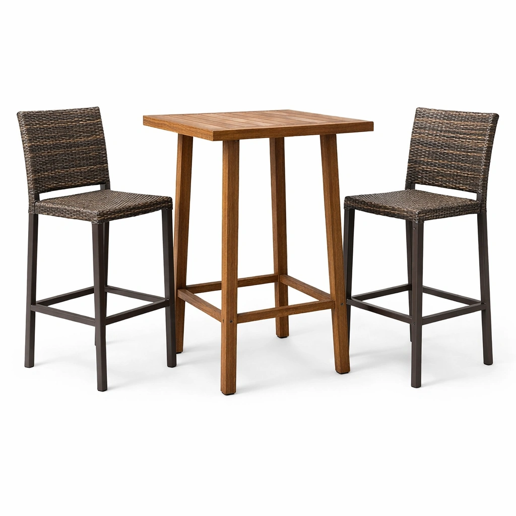 Juego de bar de mesa y taburetes de acacia y ratán sintético marrón-LIVCORA