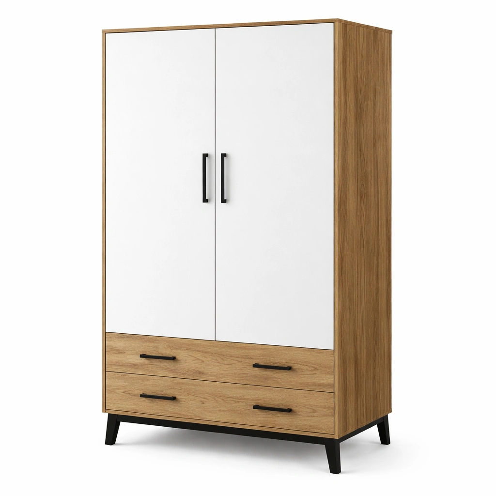 Armario de dos puertas con cajones MDF chapado roble y blanco-LIVCORA