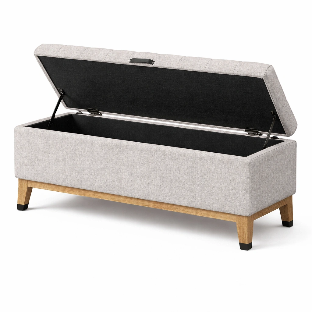 Banco con almacenamiento de tela gris claro con patas de madera-LIVCORA