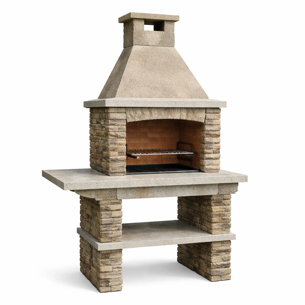 Barbacoa de piedra y ladrillo refractario con chimenea y rejilla 120x65x210 cm-LIVCORA