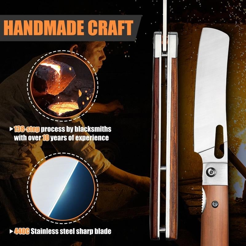 Folding Nakiri Knife – 440C Stainless Steel Wood Handle Portable Chef Knife