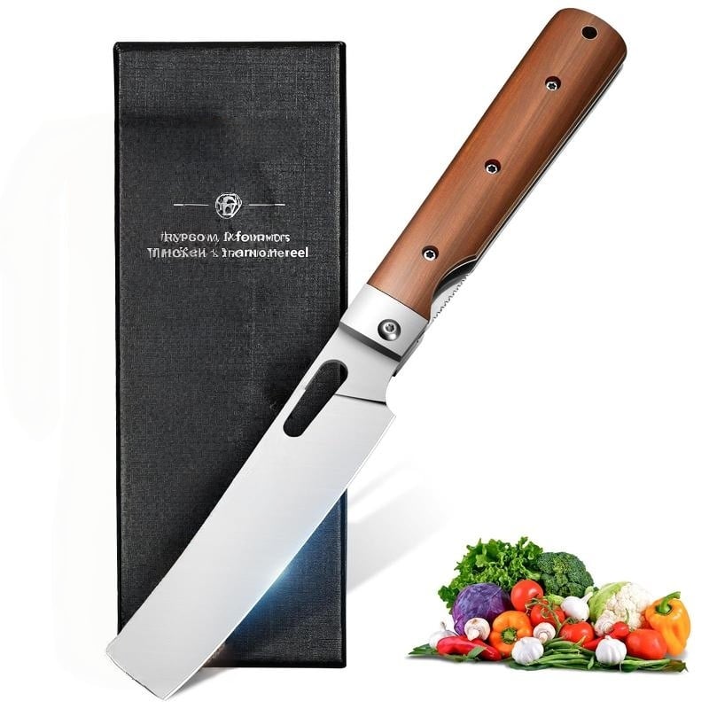 Folding Nakiri Knife – 440C Stainless Steel Wood Handle Portable Chef Knife