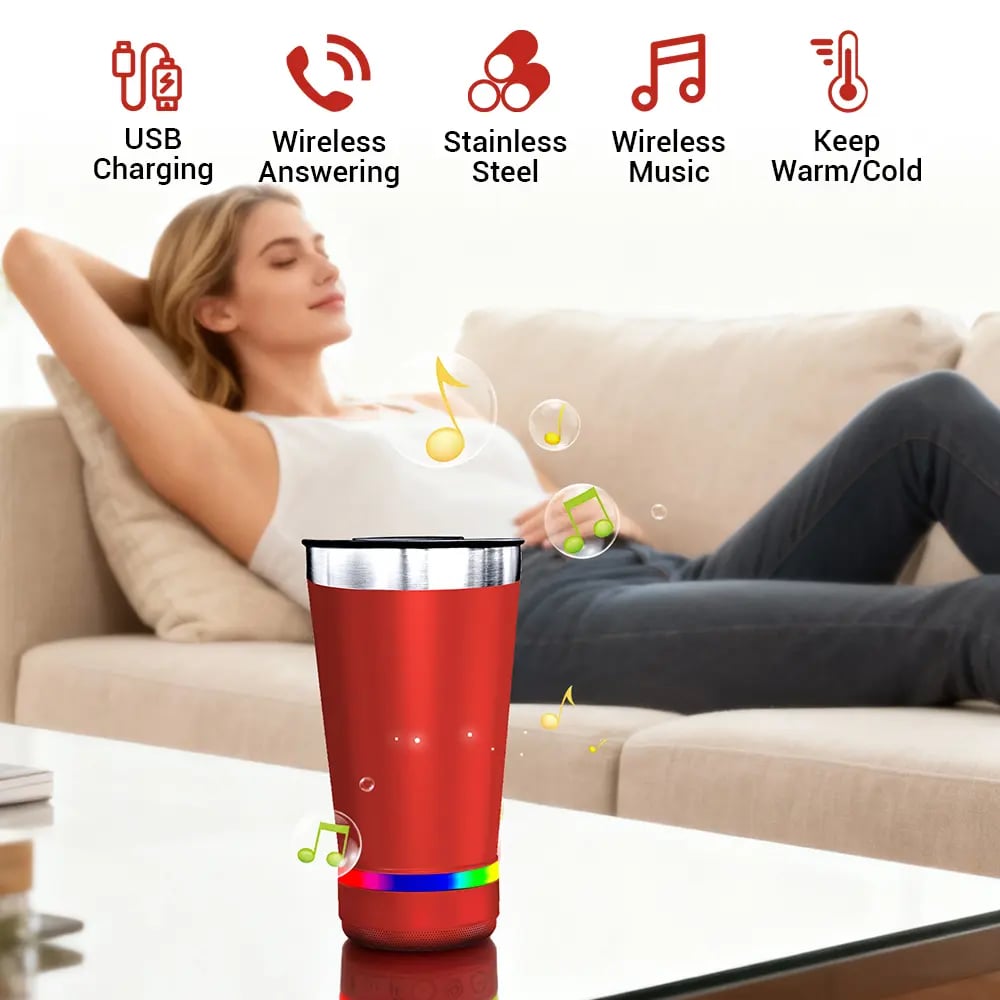 🔊☕ Stainless Steel Insulated Mug with Bluetooth Speaker – LED Light Music Tumbler