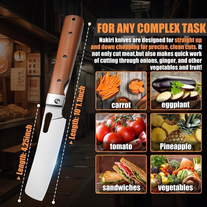 Folding Nakiri Knife – 440C Stainless Steel Wood Handle Portable Chef Knife