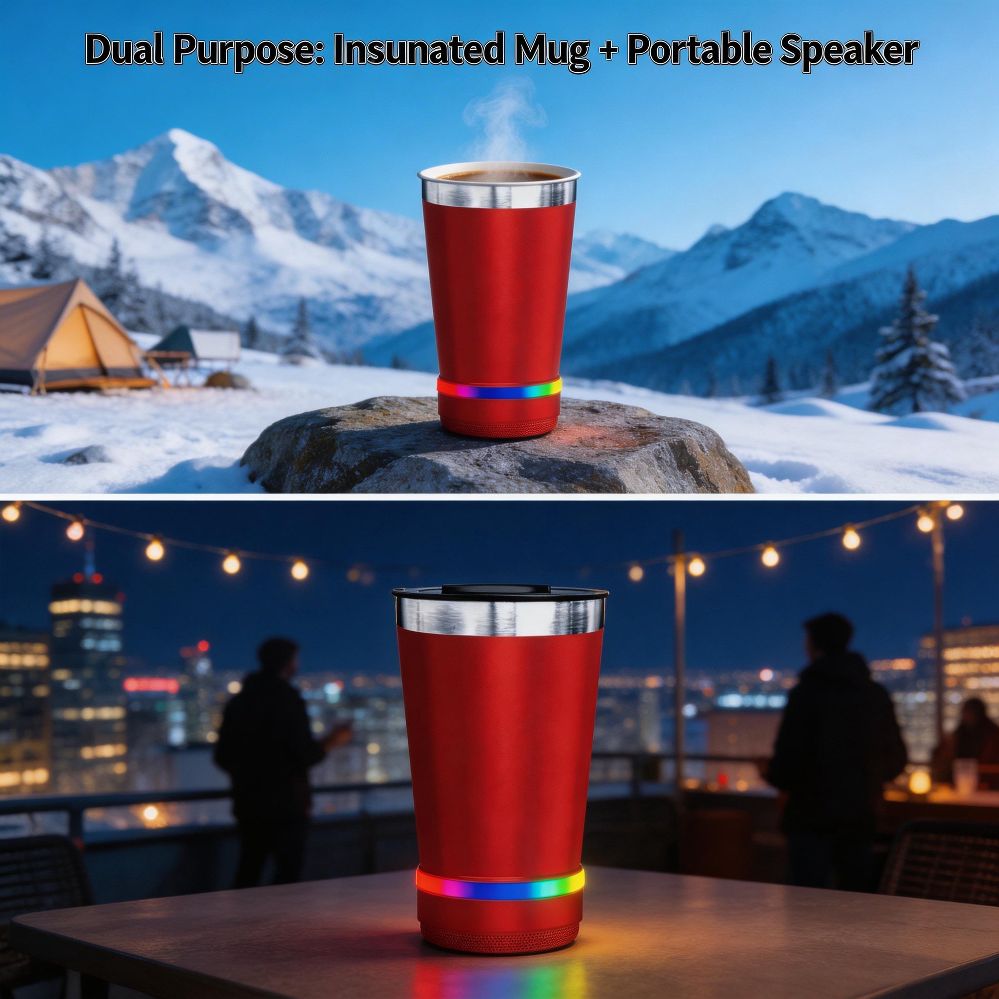 🔊☕ Stainless Steel Insulated Mug with Bluetooth Speaker – LED Light Music Tumbler