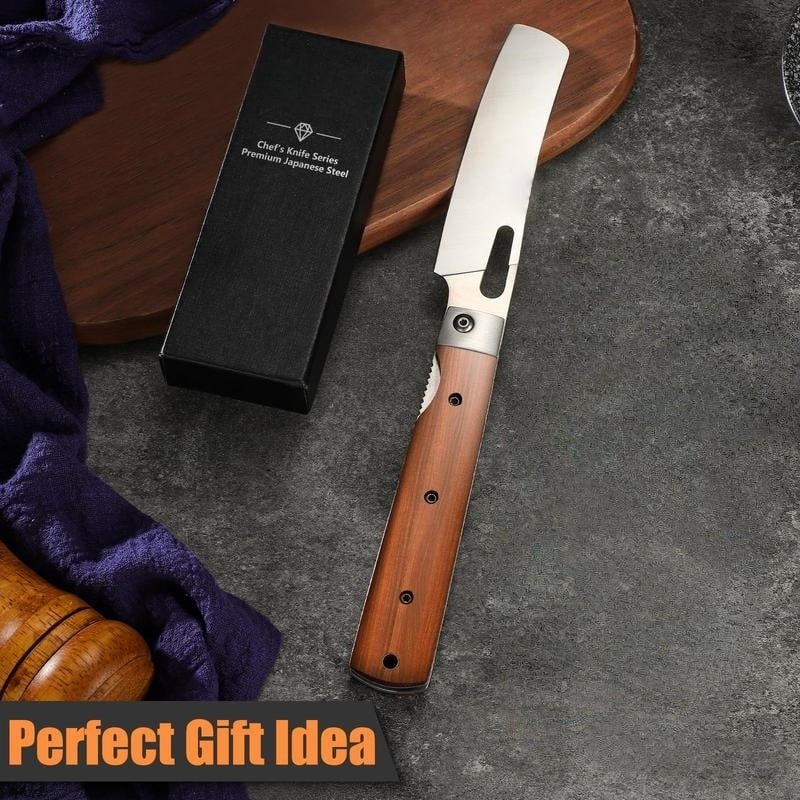 Folding Nakiri Knife – 440C Stainless Steel Wood Handle Portable Chef Knife