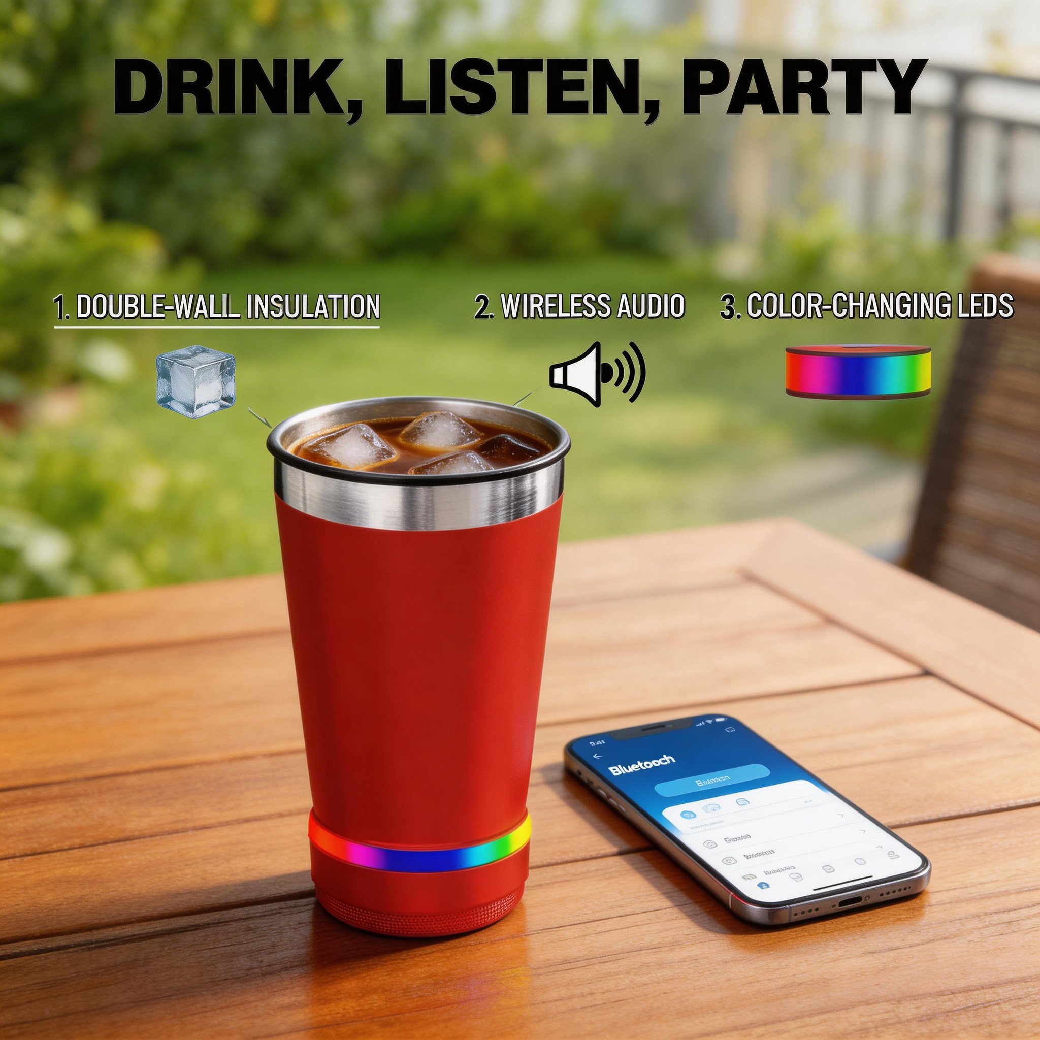 🔊☕ Stainless Steel Insulated Mug with Bluetooth Speaker – LED Light Music Tumbler