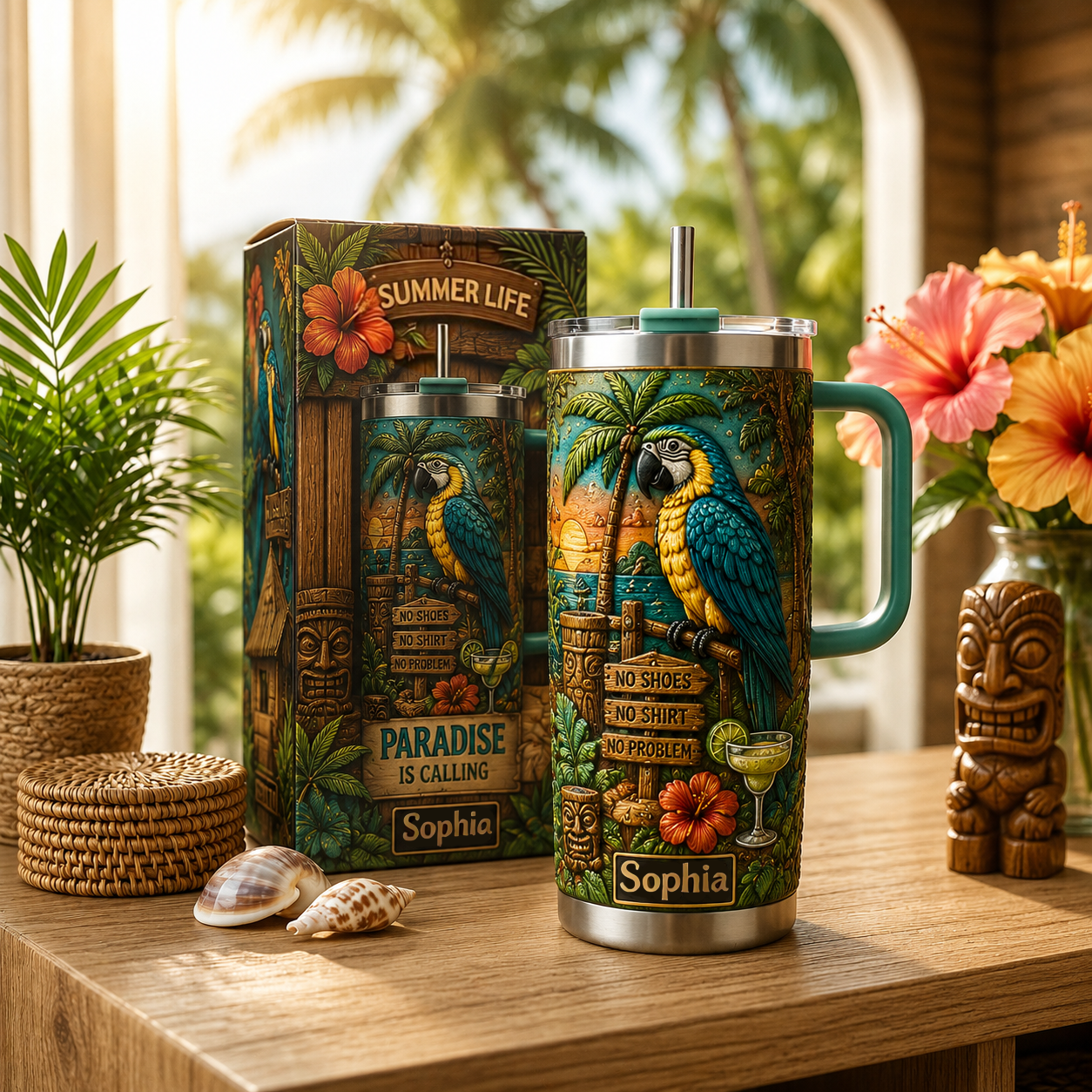 🏖️Personalized Summer Life Tropical Parrot Beach 40oz Handle Tumbler🌴🌊