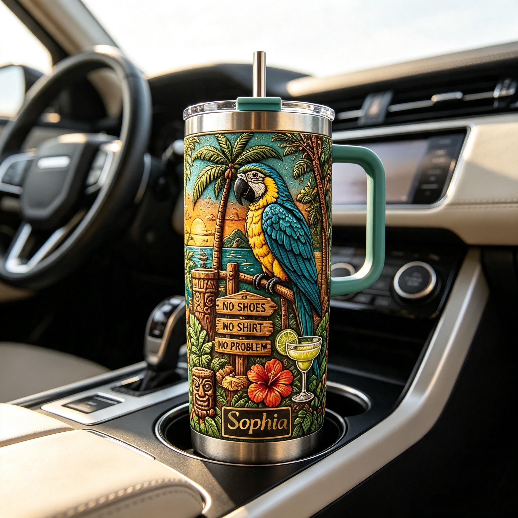 🏖️Personalized Summer Life Tropical Parrot Beach 40oz Handle Tumbler🌴🌊