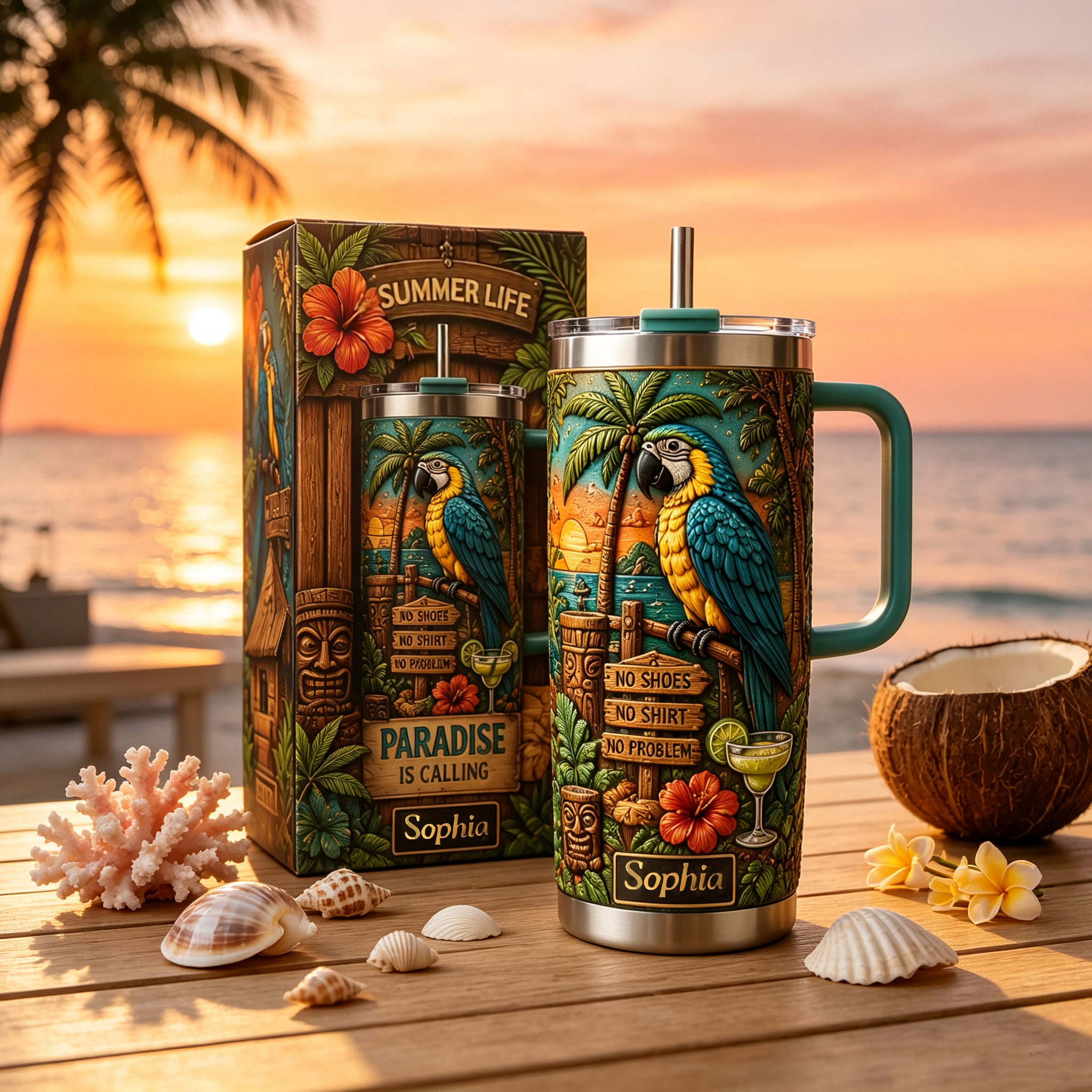 🏖️Personalized Summer Life Tropical Parrot Beach 40oz Handle Tumbler🌴🌊