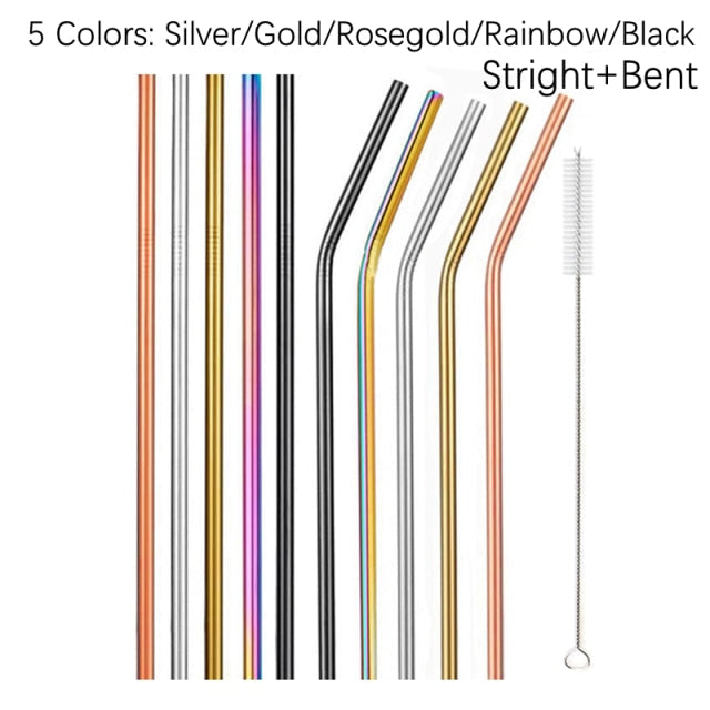 Stainless Steel Color Reusable Metal Straws Set with Cleaner Brush-Grand Kitchen