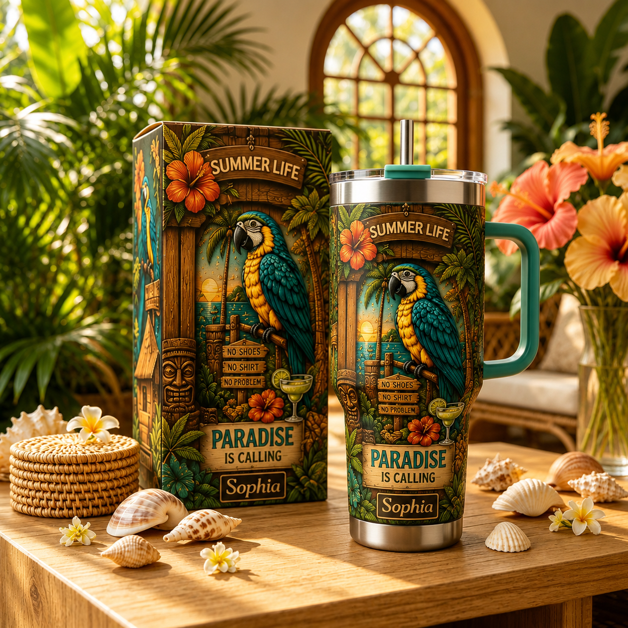 🏖️Personalized Summer Life Tropical Parrot Beach 40oz Handle Tumbler🌴🌊