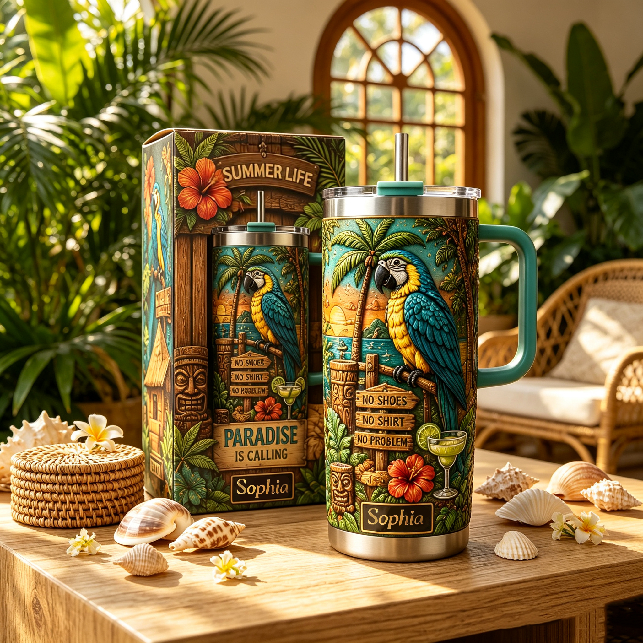 🏖️Personalized Summer Life Tropical Parrot Beach 40oz Handle Tumbler🌴🌊