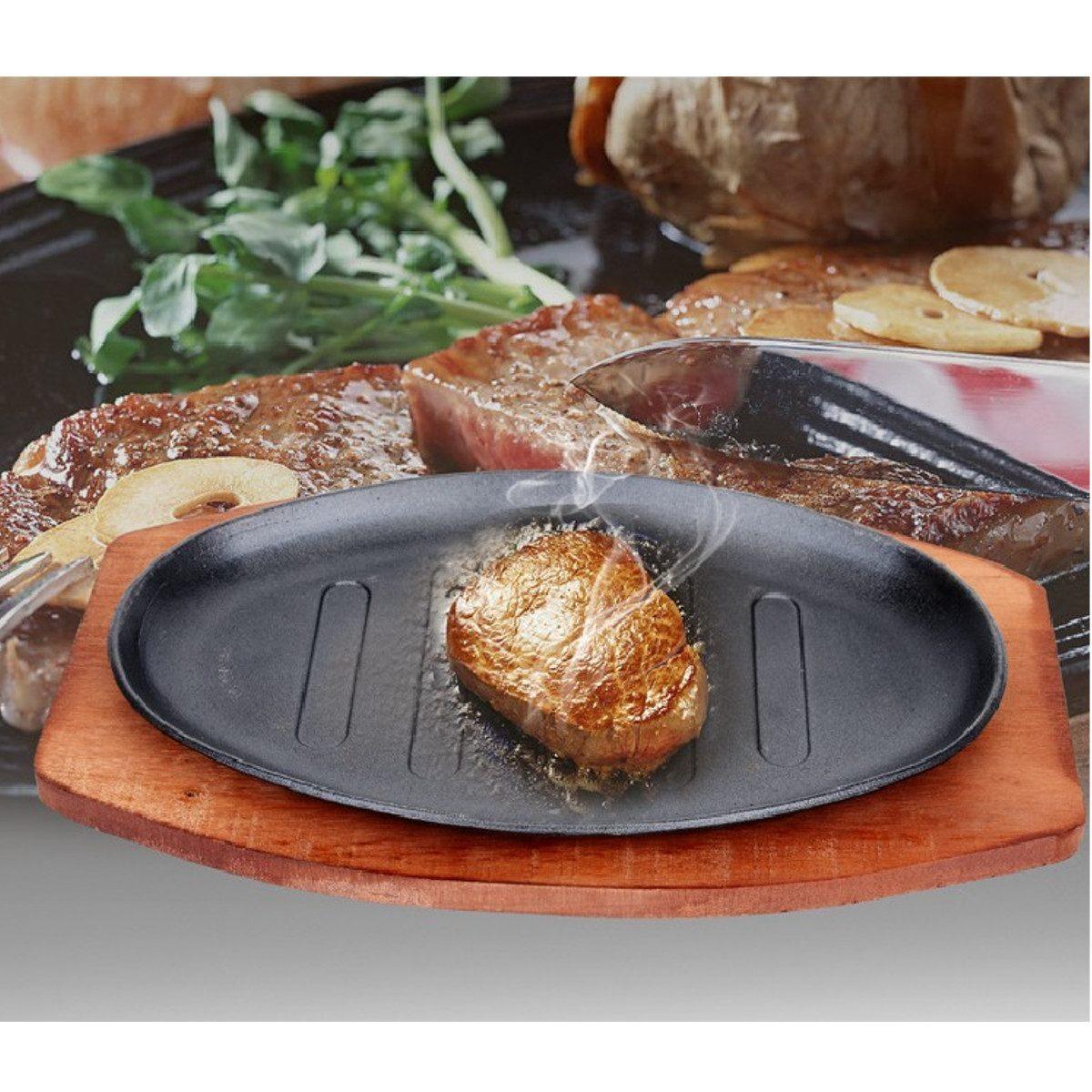 Cast Iron Sizzling Platter With Wooden Pan Holder-Grand Kitchen