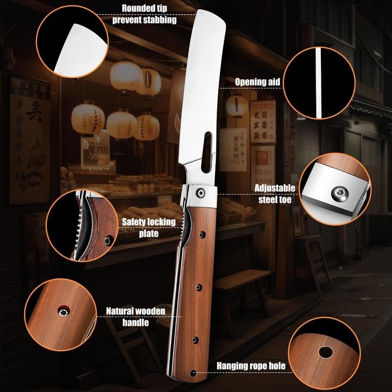 Folding Nakiri Knife – 440C Stainless Steel Wood Handle Portable Chef Knife
