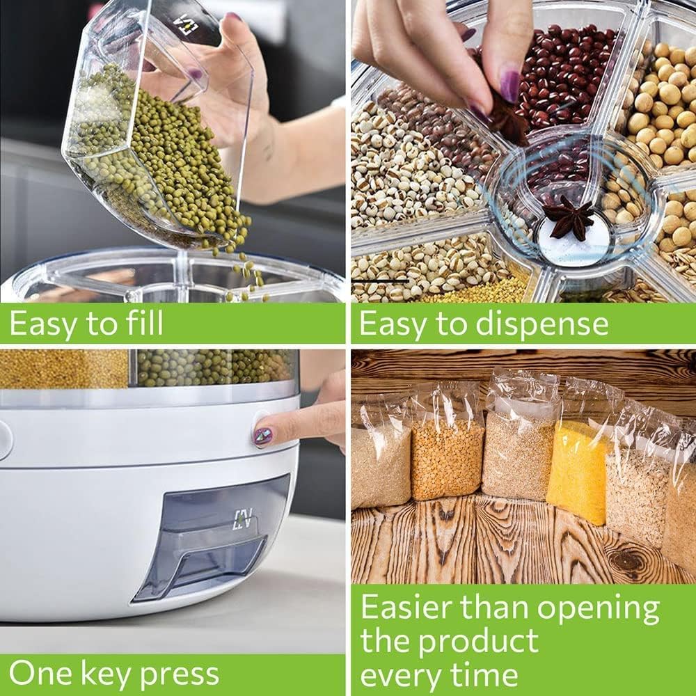 6 Grid Food Storage Dispenser Rice & Grain Storage Container 360°