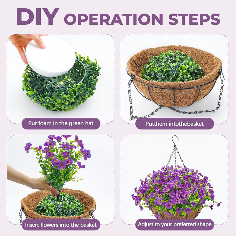  Artificial Hanging Flowers Basket for Outdoors Fake Hanging Plants Spring Summer Decoration UV Resistant for Garden Front Porch Patio Balcony Decor purple
