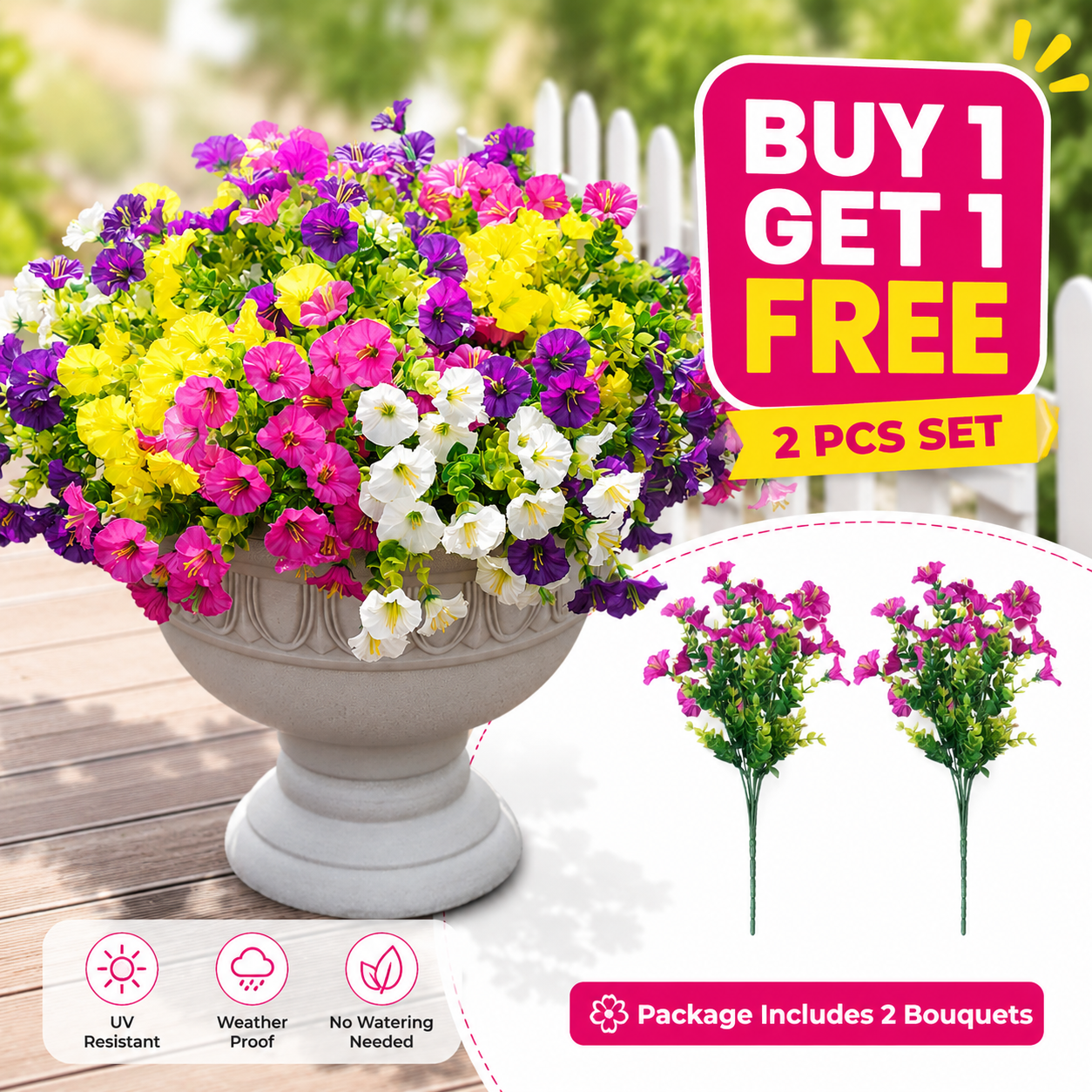 Suggested image: product bundle offer image showing 2PCS UV Resistant Artificial Petunias Flowers with buy 1 get 1 free badge