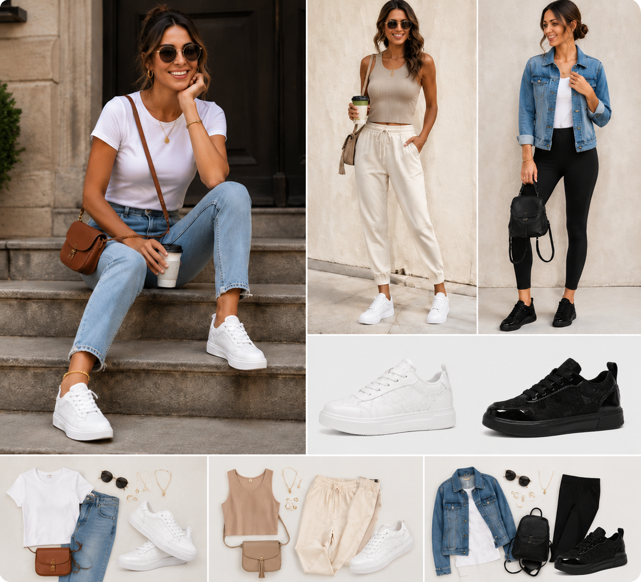 Suggested image: lifestyle outfit photo showing White floral mesh sneakers with casual pants or leggings